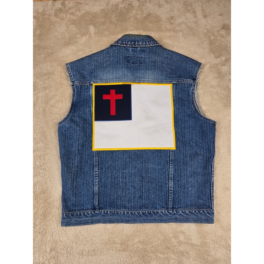 Old Navy Vintage Blue Jeans‎ Mens Denim Vest Christian Cross Flag Patch Size M